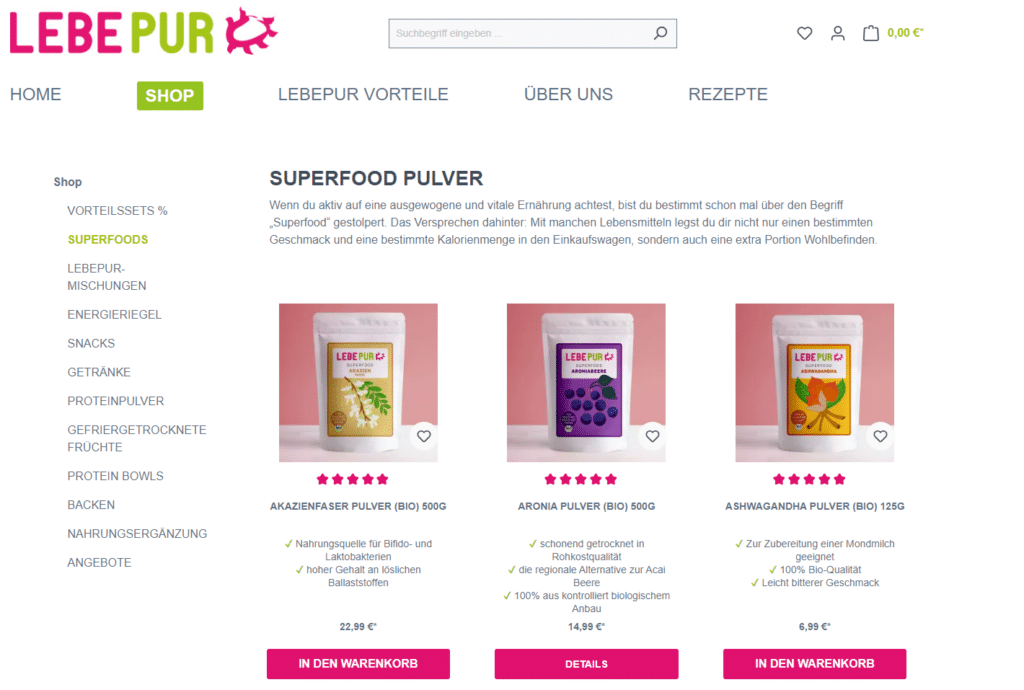 Kategorietext Bereich Superfood Pulver; lebepur.com